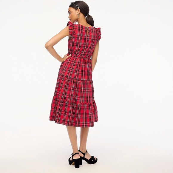 J Crew Tartan Plaid Christmas Holiday Flutter Sleeve Tiered Midi Dress 10 - Picture 2 of 11